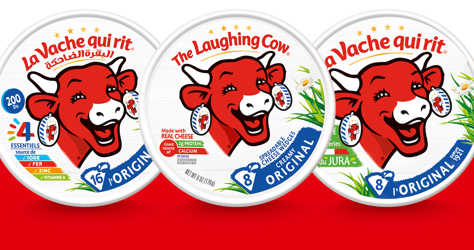 Three boxes from the new global system: Arabic La Vache qui rit, US The Laughing Cow and French La Vache qui rit
