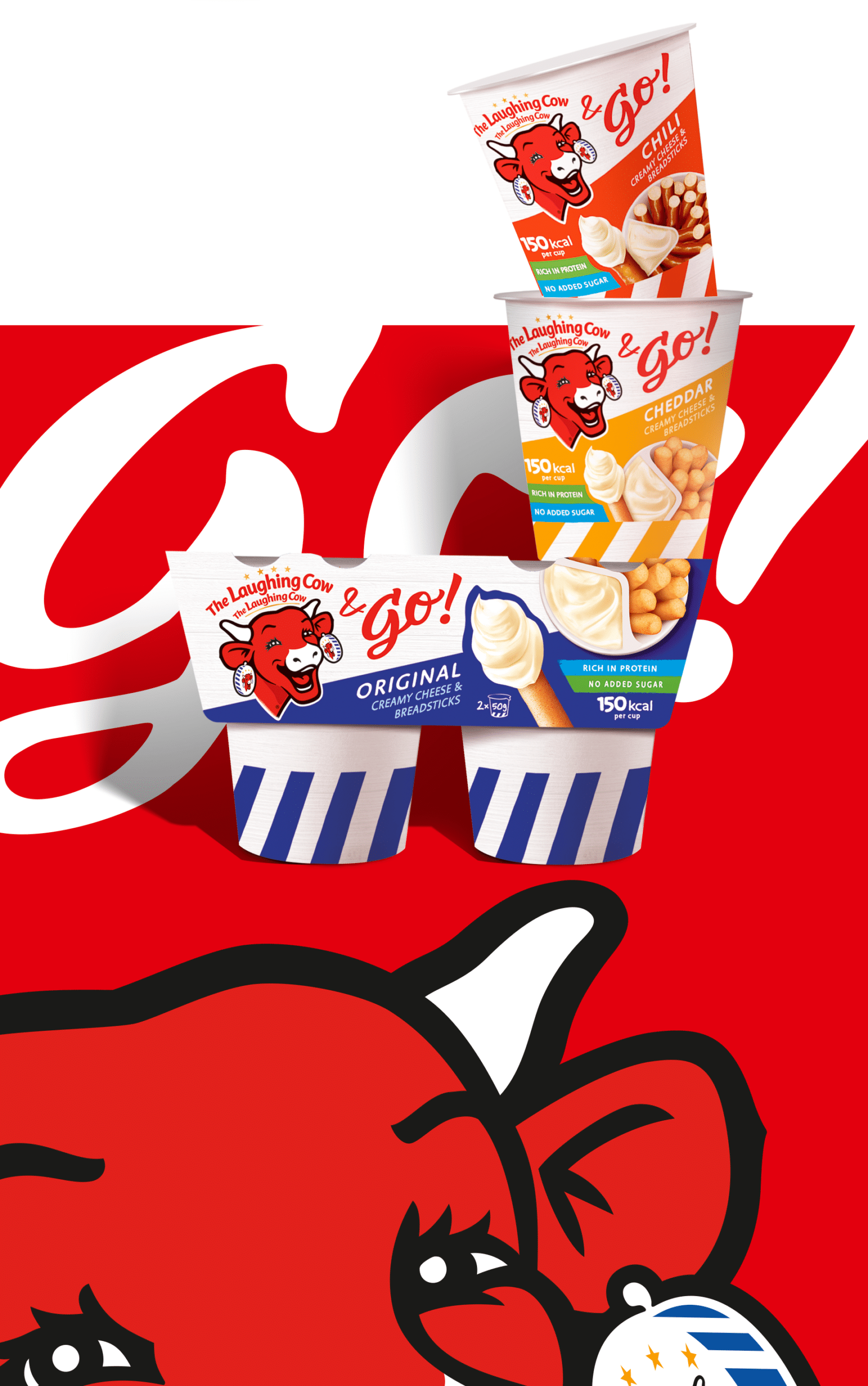 The Laughing Cow & Go! snack range (Original, Cheddar, Chili) with breadsticks