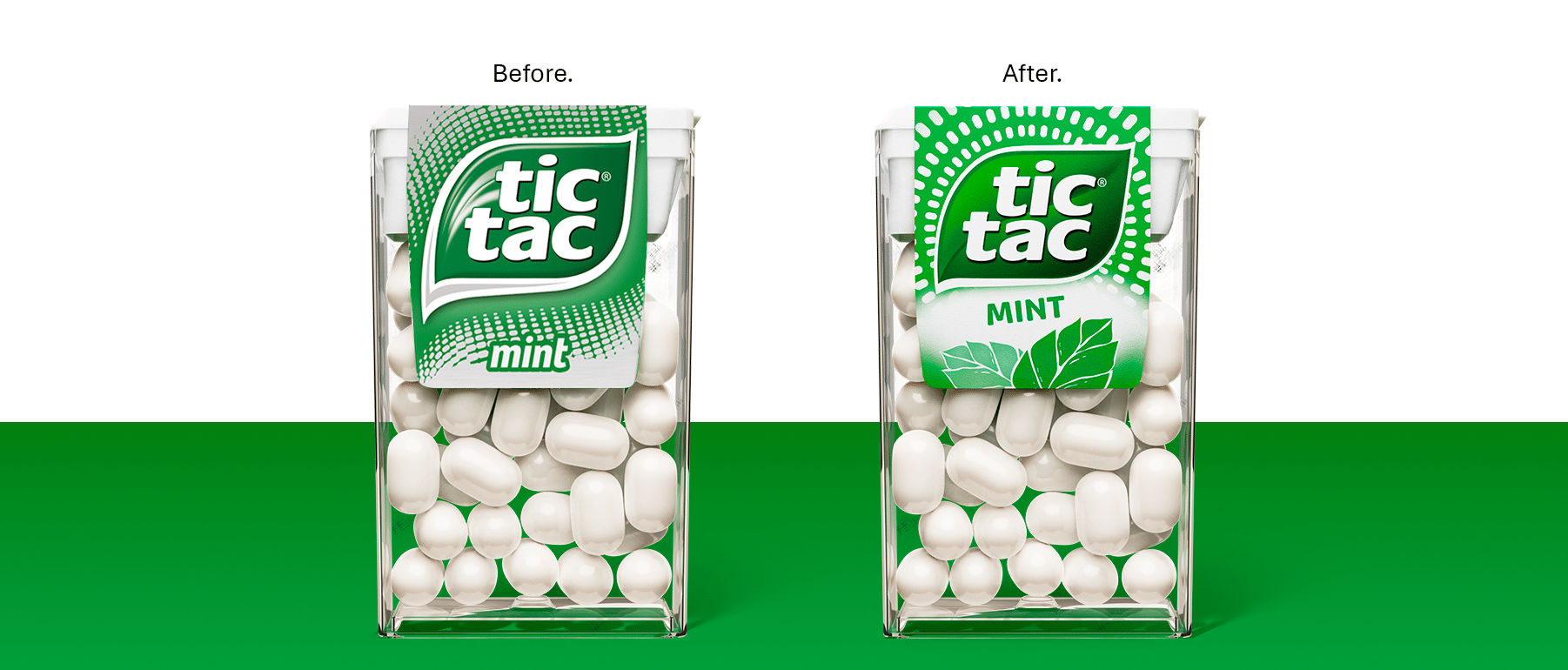 Before/after of the Tic Tac Mint box: the grey label turns green, with rays of pills and mint leaves