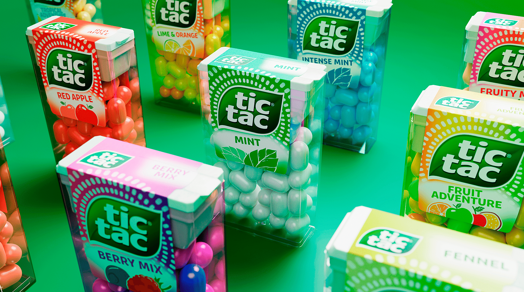 Tic Tac range in its new identity: Mint, Red Apple, Lime & Orange, Intense Mint, Berry Mix, Fruit Adventure