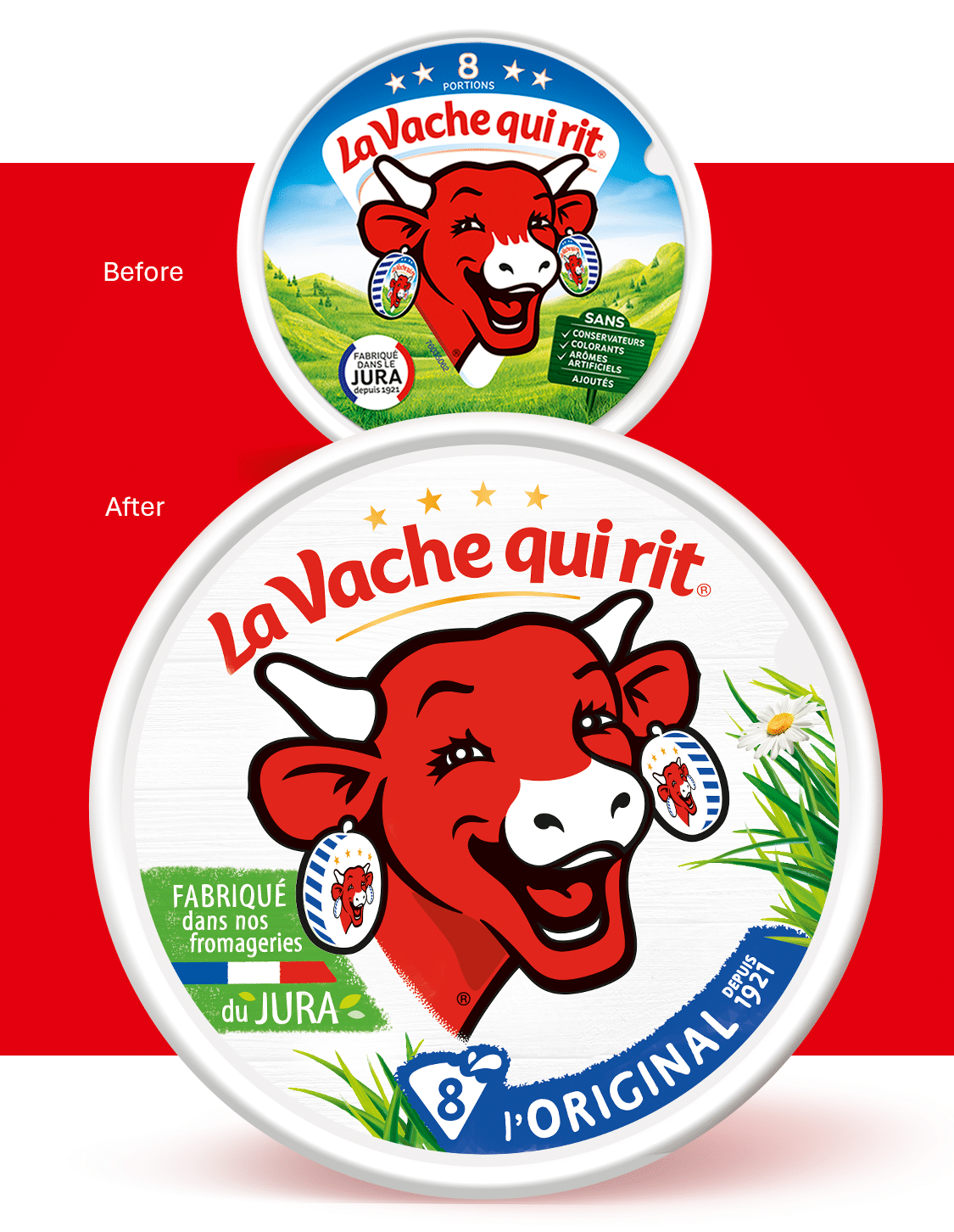 Before/after of The Laughing Cow box: the green landscape gives way to a white background and 'L'Original since 1921'