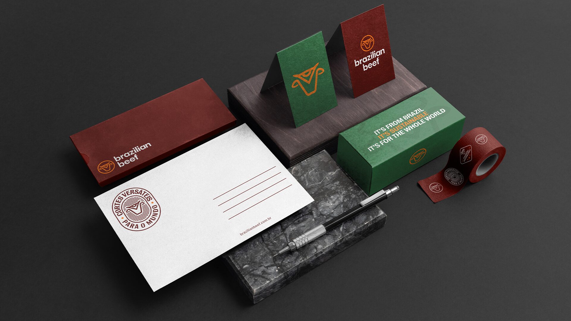 Brazilian Beef stationery: envelope, postcard, table cards, box and tape