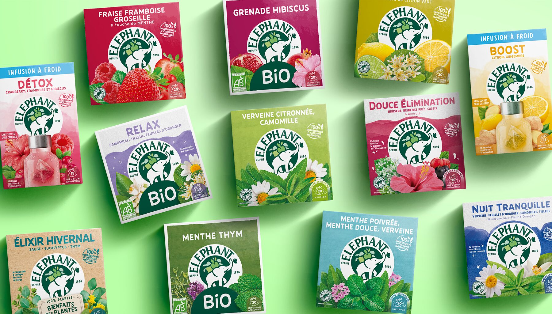 Éléphant infusion range: Détox, Relax Organic, Pomegranate Hibiscus, Verbena Chamomile, Mint Thyme, Boost, Nuit Tranquille…