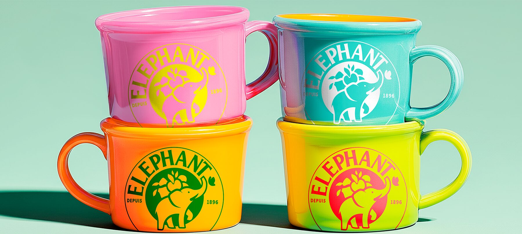 Four colourful mugs with the Éléphant logo, stacked