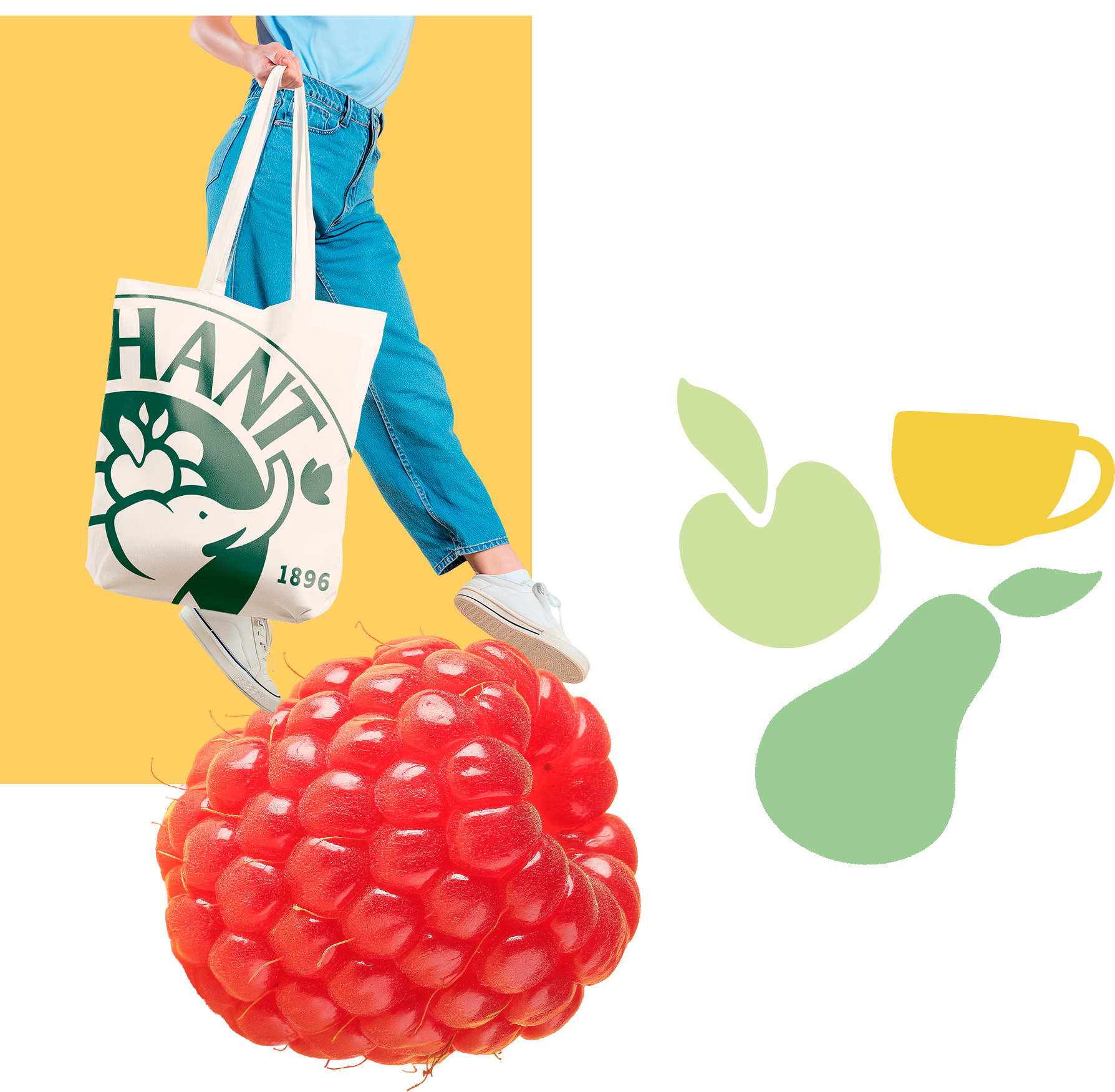 Person carrying an Éléphant tote bag, raspberry, and apple, cup and pear icons