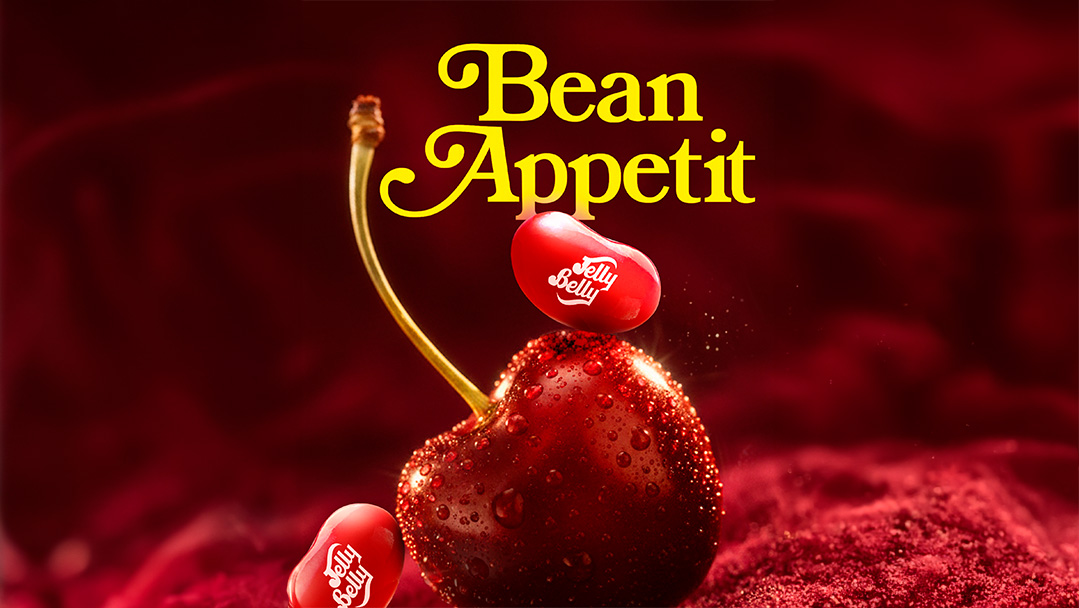 Jelly Belly beans on a cherry, with the title 'Bean Appetit'