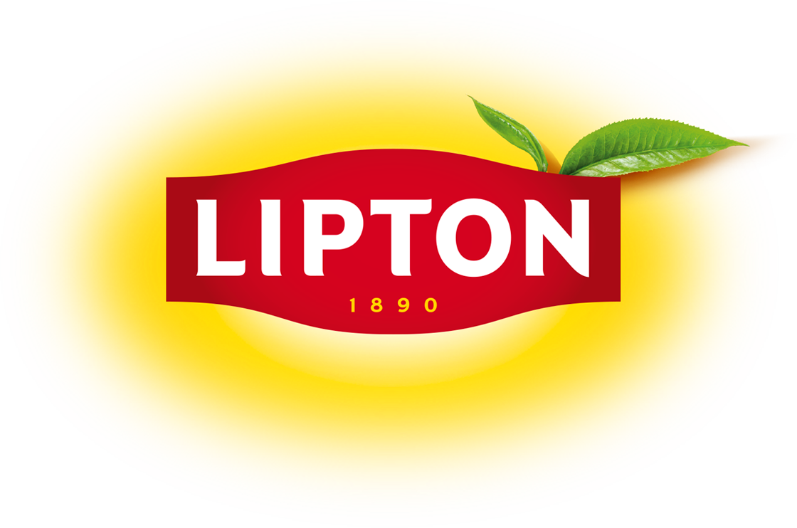 New Lipton 1890 logo: red cartouche and tea leaf on a yellow glow