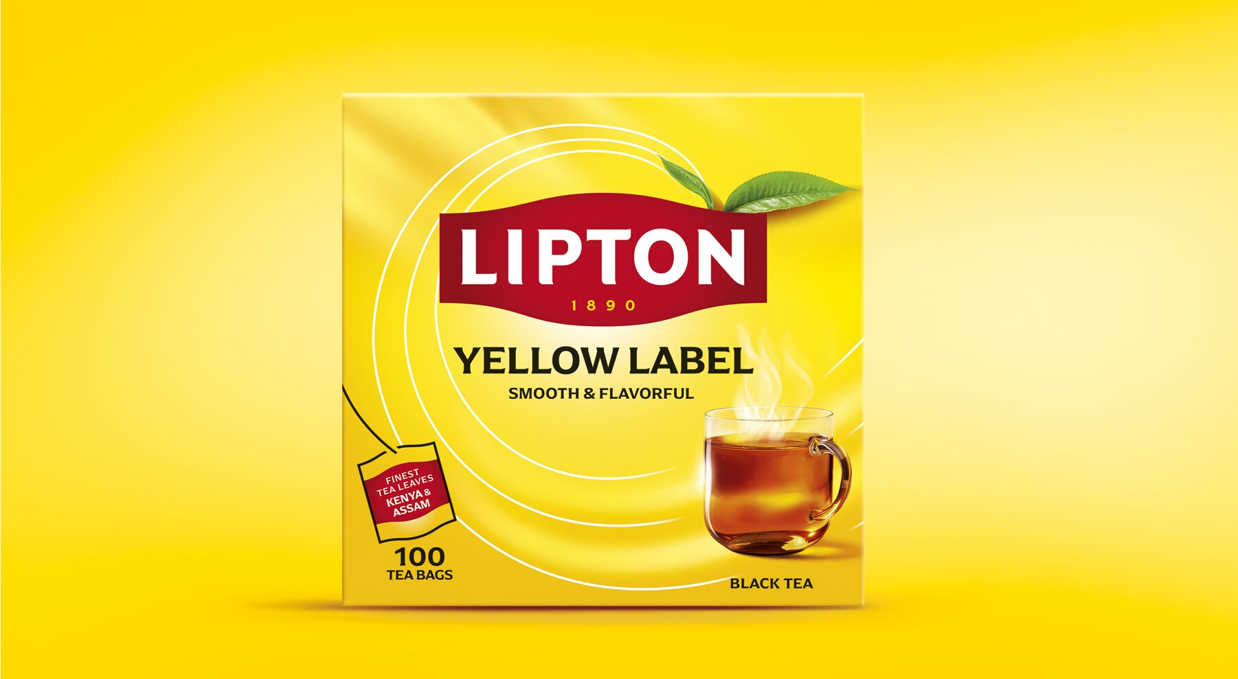 Lipton Yellow Label 100 tea bags box in its new identity, steaming cup of tea
