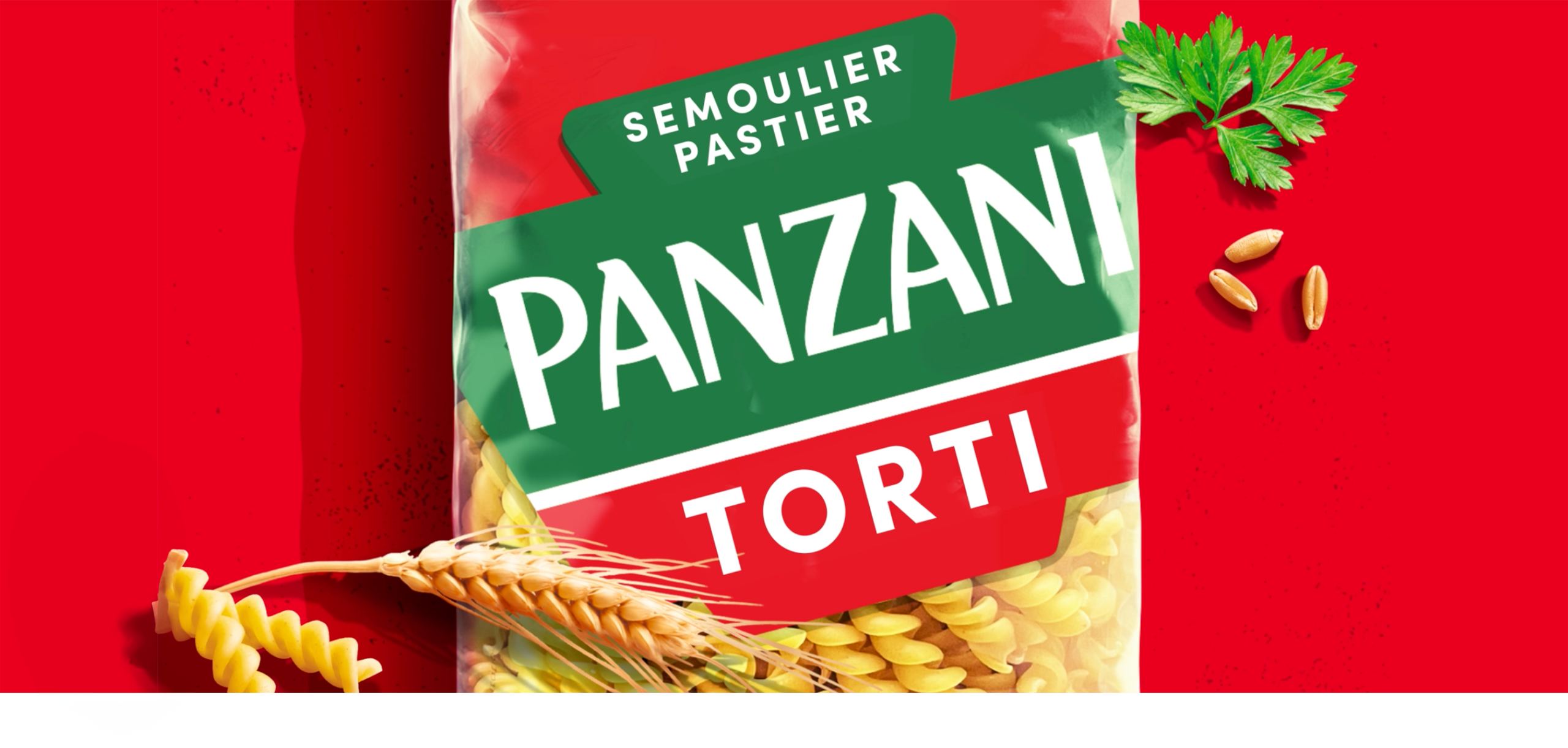 New Panzani Torti pack with 'Semoulier Pastier', wheat ear and parsley