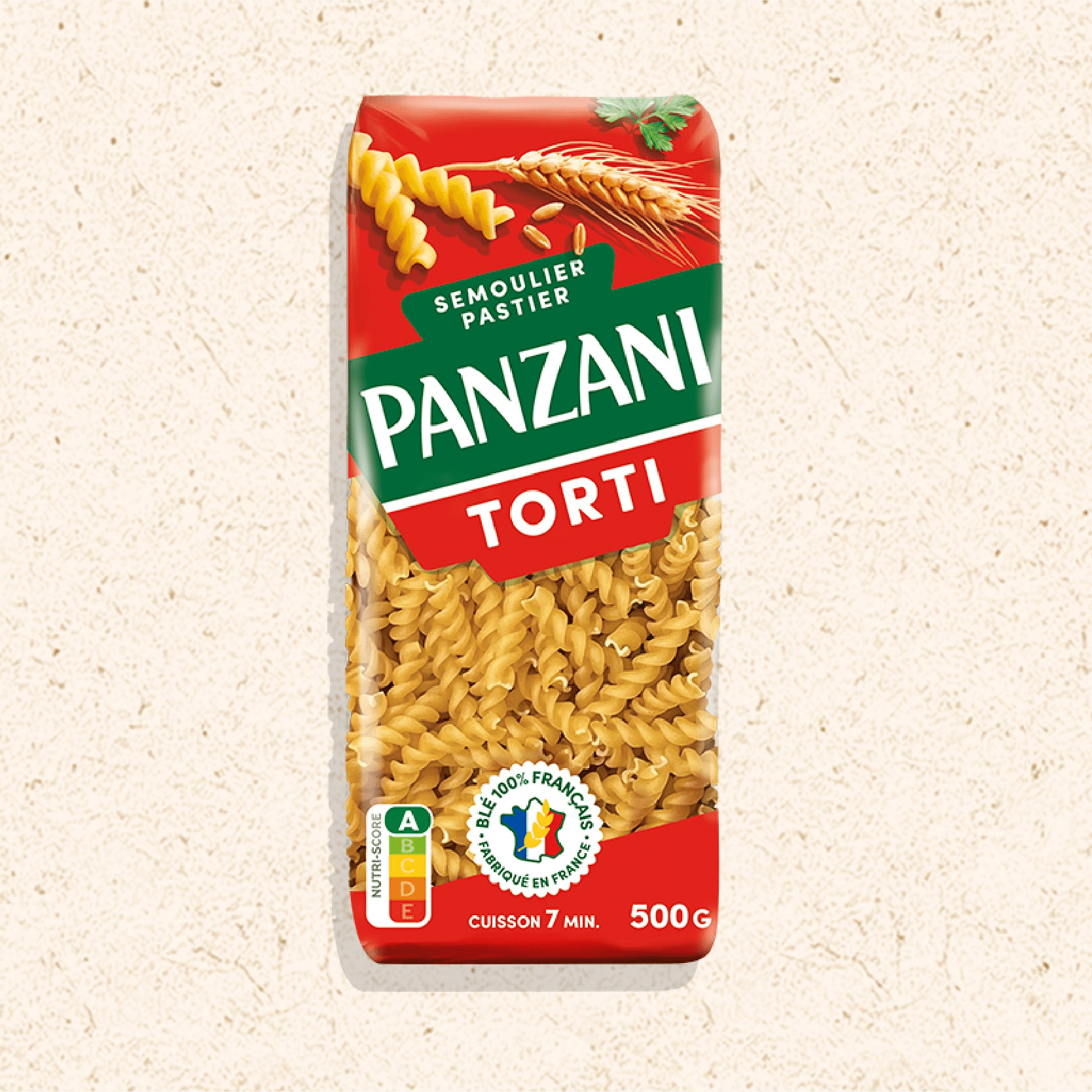 New Panzani Torti 500 g pack, 100% French wheat, after the redesign