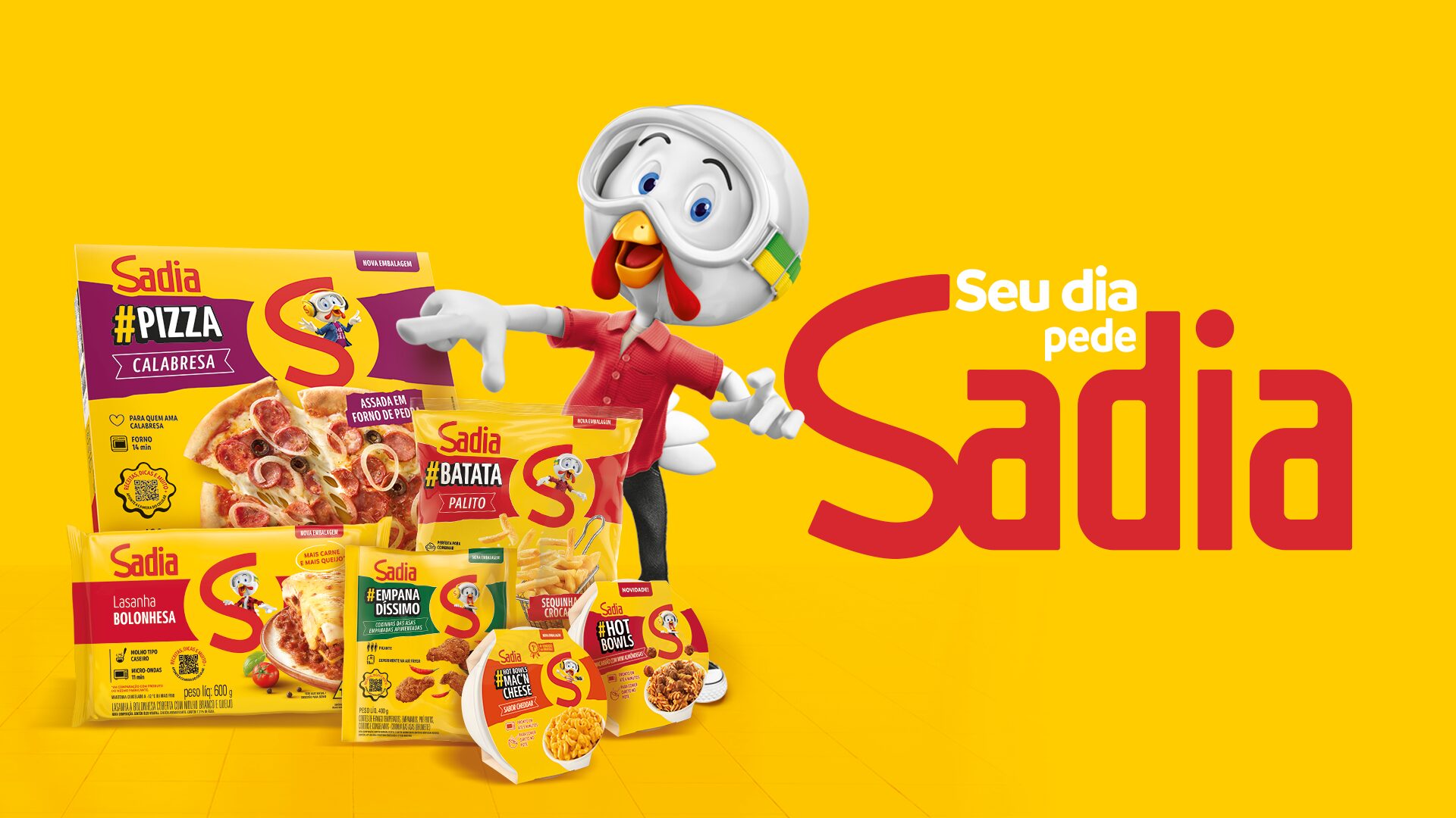 Sadia mascot presenting the range, with the tagline 'Seu dia pede Sadia'