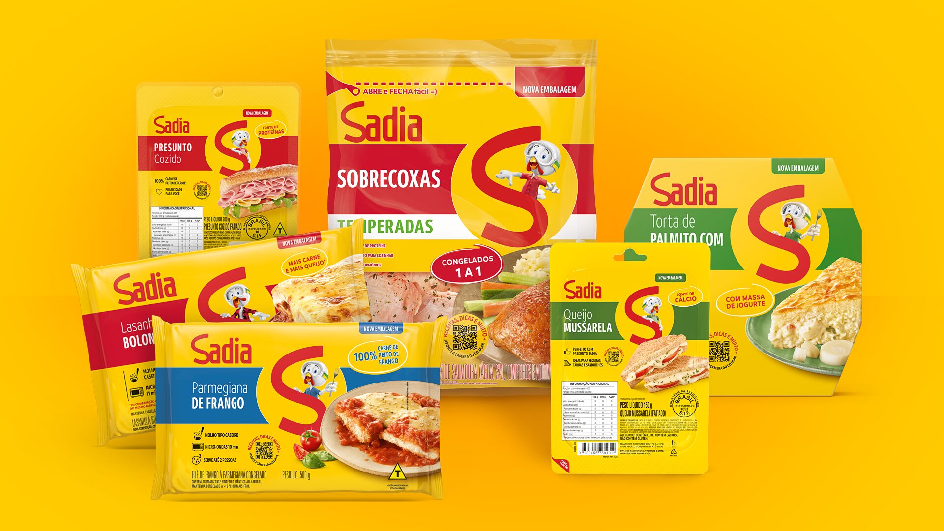 Sadia packs: ham, chicken thighs, lasagne, chicken parmigiana, mozzarella, heart-of-palm pie