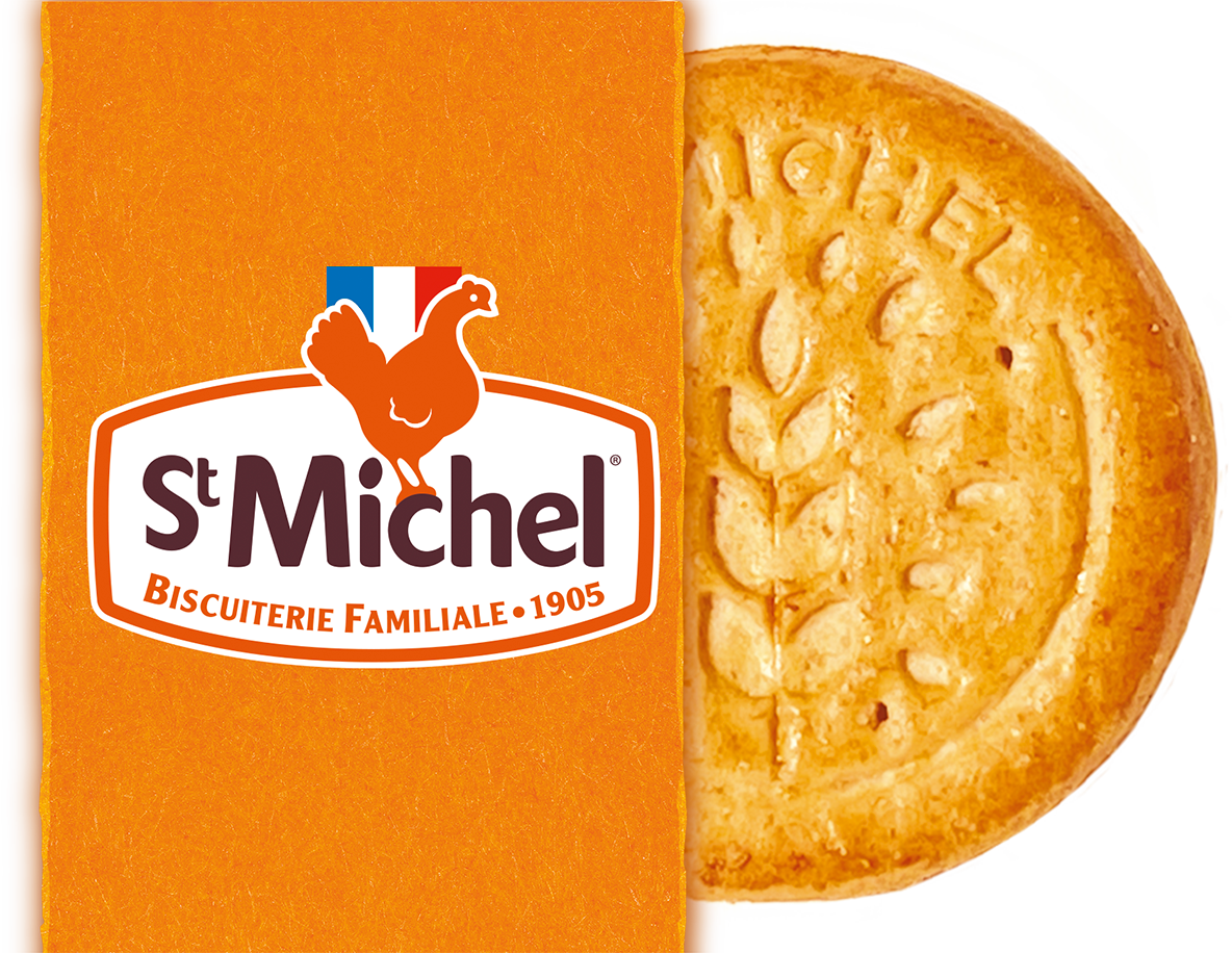 St Michel logo and a St Michel butter biscuit embossed with a wheat ear