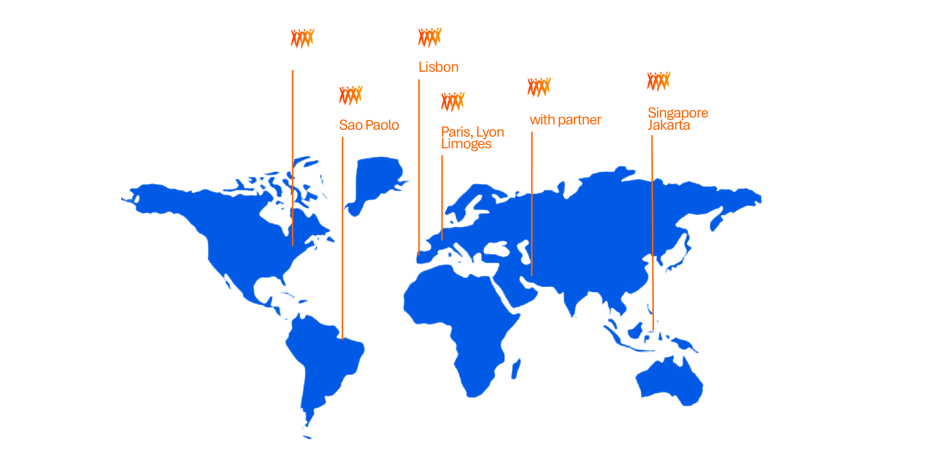 World map of Team Créatif offices: São Paulo, Lisbon, Paris, Lyon, Limoges, Singapore, Jakarta, the USA and a partner in the Middle East