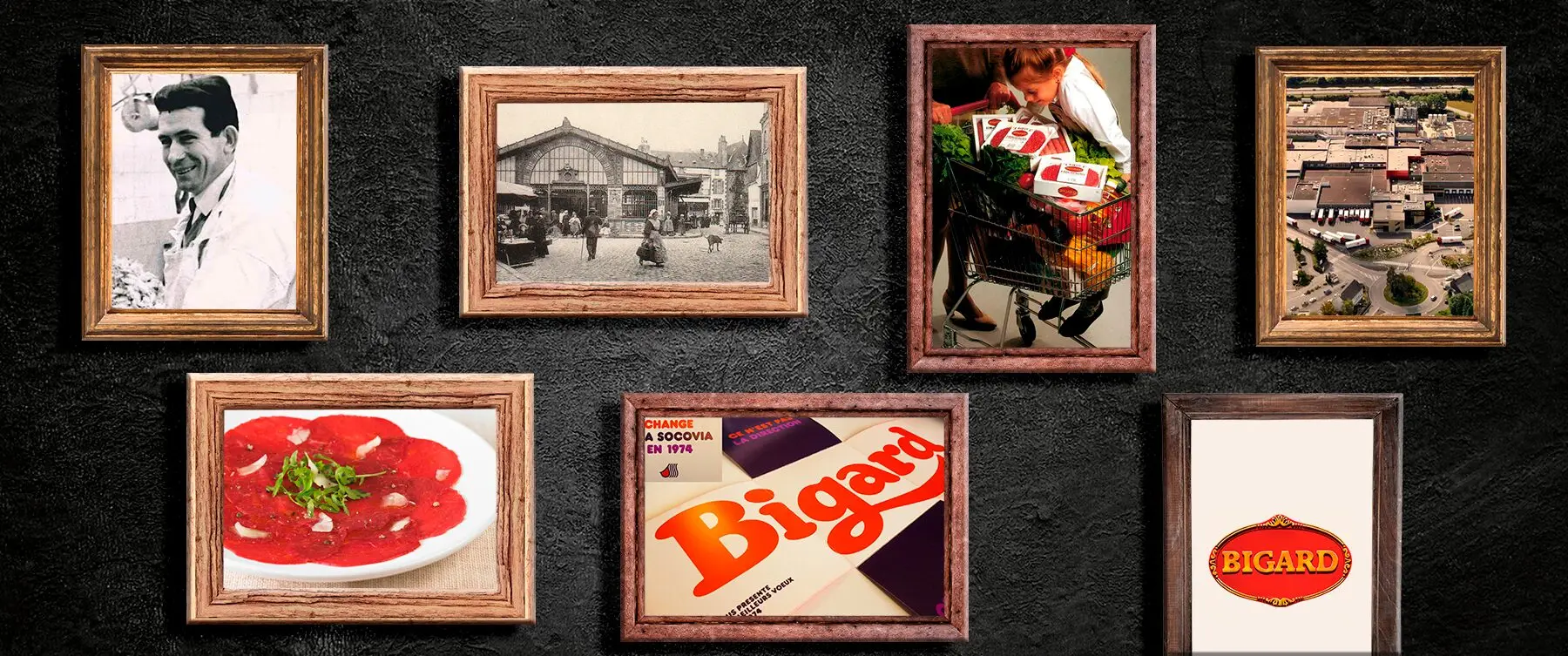 Wall of archive photos tracing Bigard's history since 1968