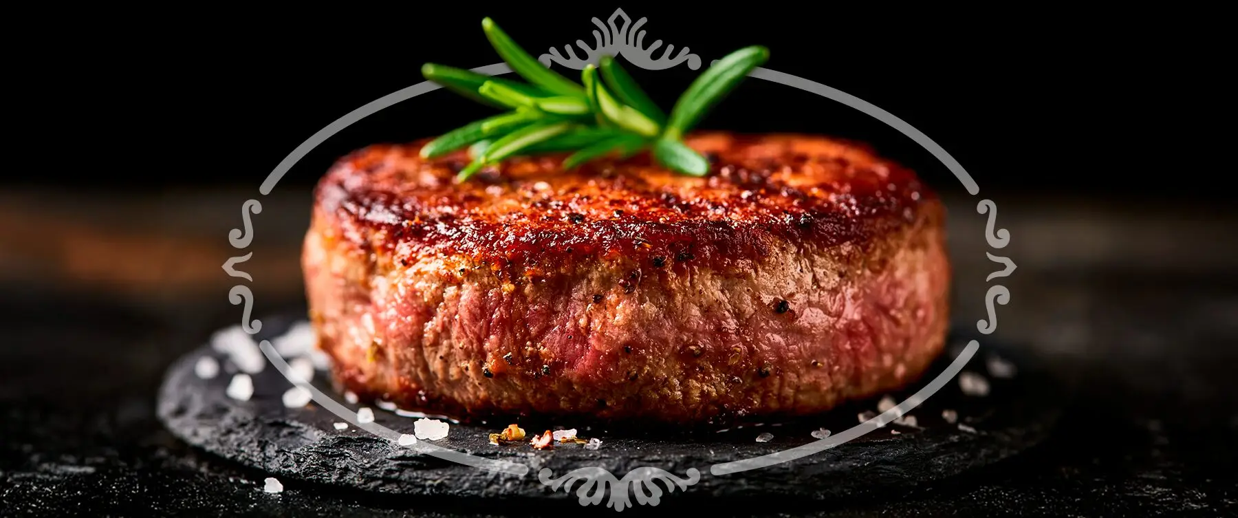 Grilled steak with rosemary on slate, framed by the Bigard medallion ornament