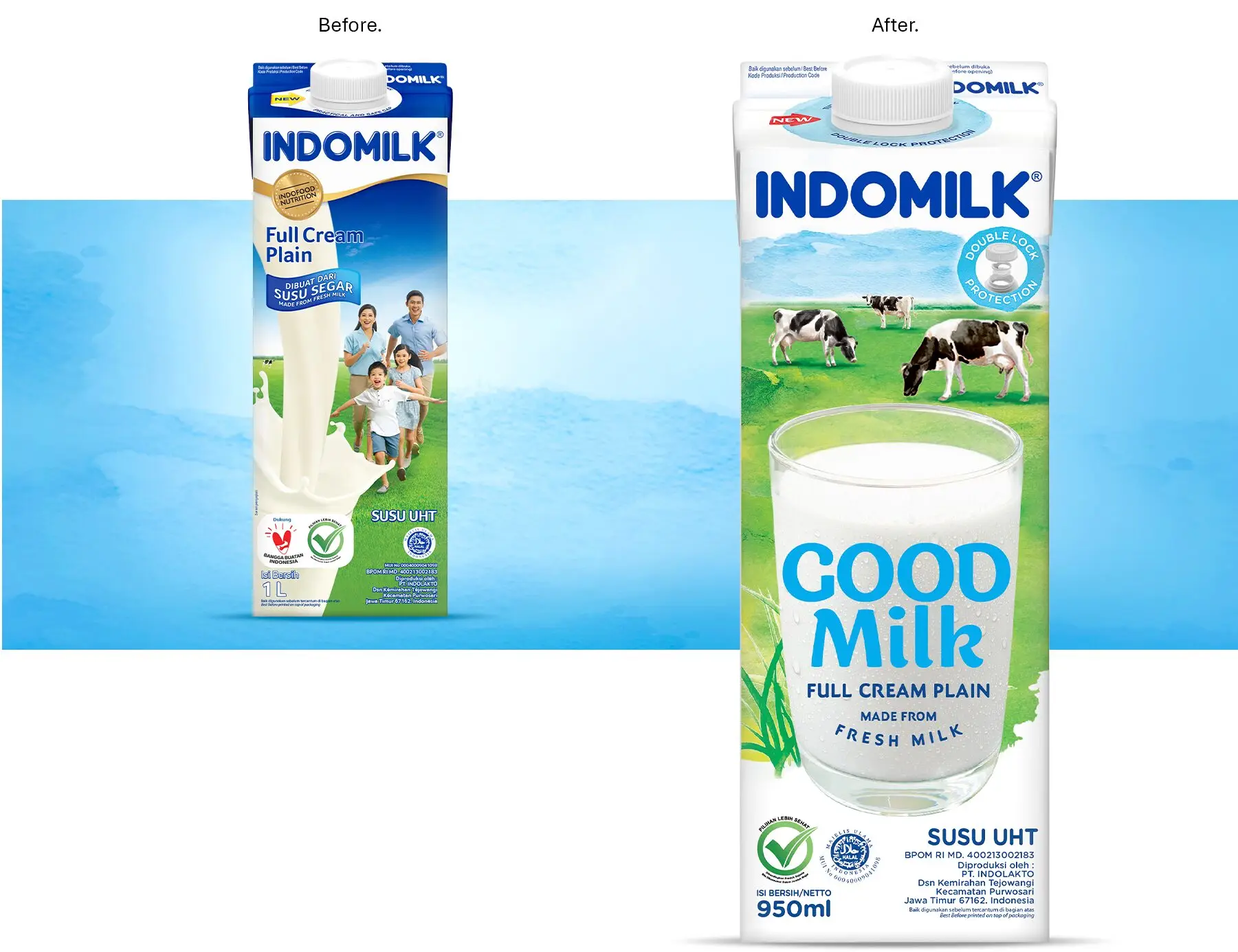 Before/after of the Indomilk Full Cream carton: new Good Milk version with grazing cows