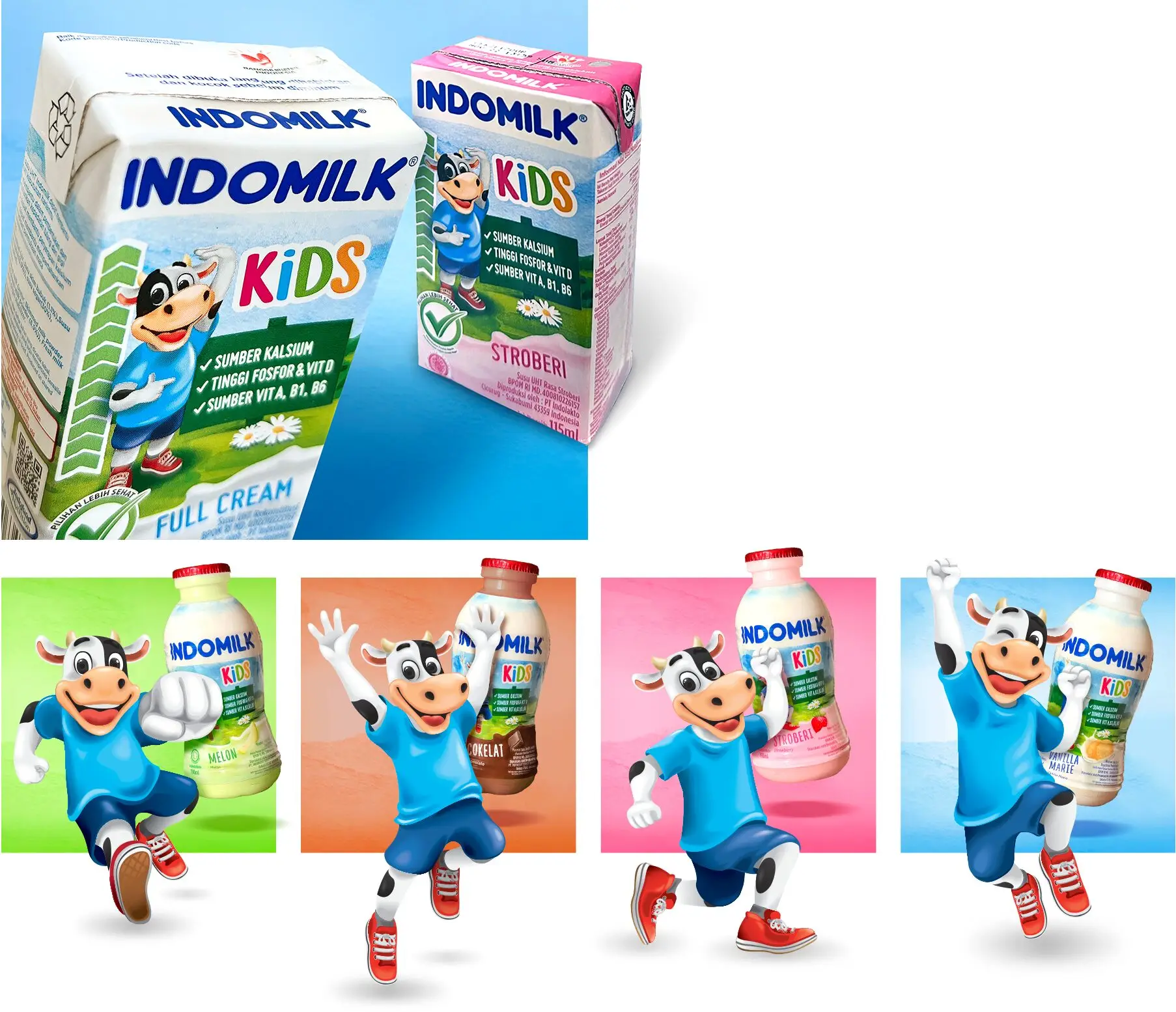 Indomilk Kids cartons and cow mascot with flavoured milk bottles