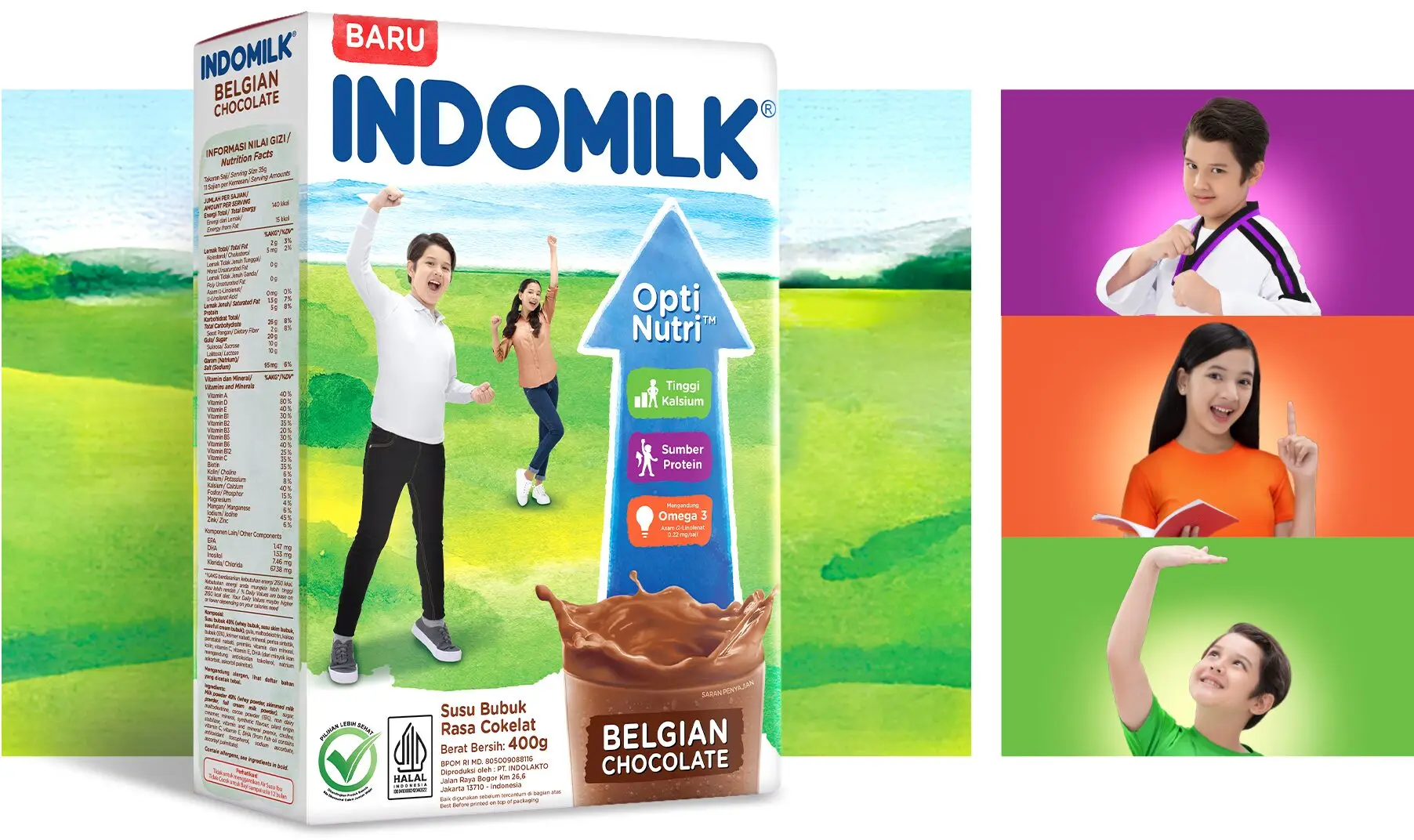 Indomilk Belgian Chocolate powdered milk box and active children