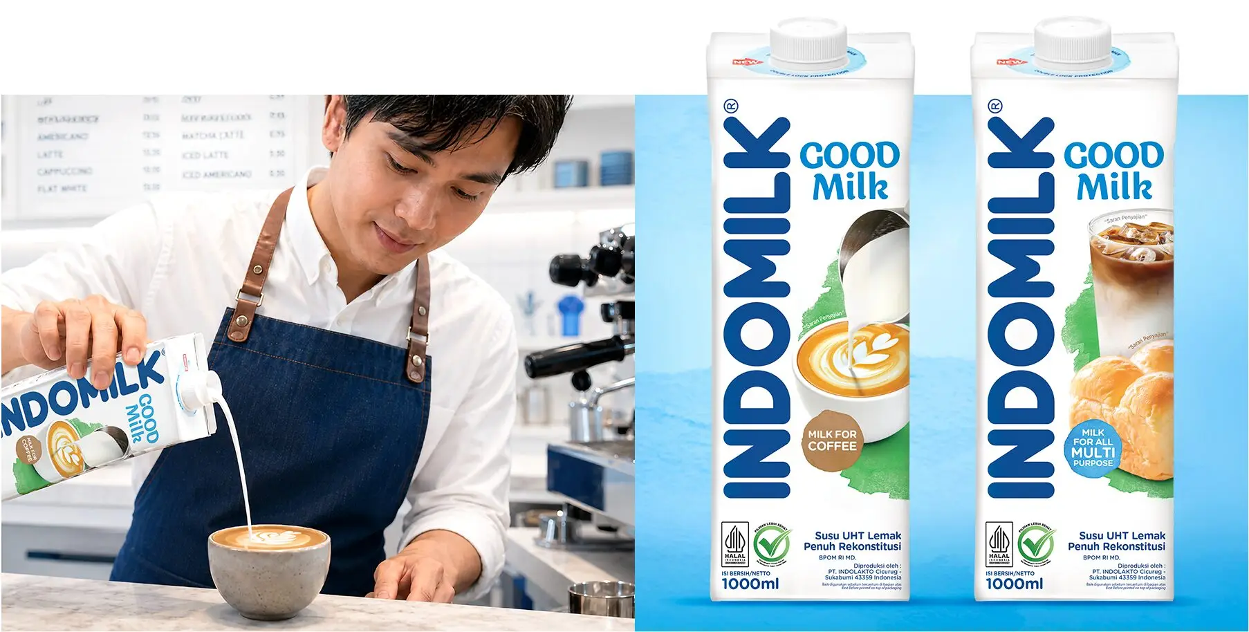 Barista pouring Indomilk Good Milk into a latte, 'Milk for coffee' and 'Multi purpose' cartons