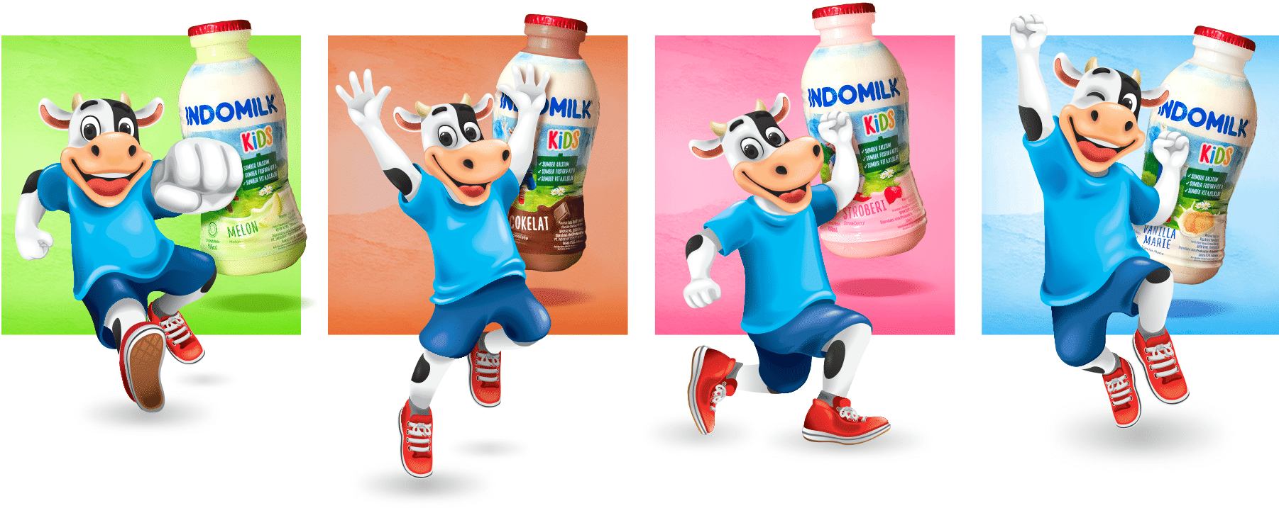 Indomilk Kids cow mascot in four poses with melon, chocolate, strawberry and vanilla bottles
