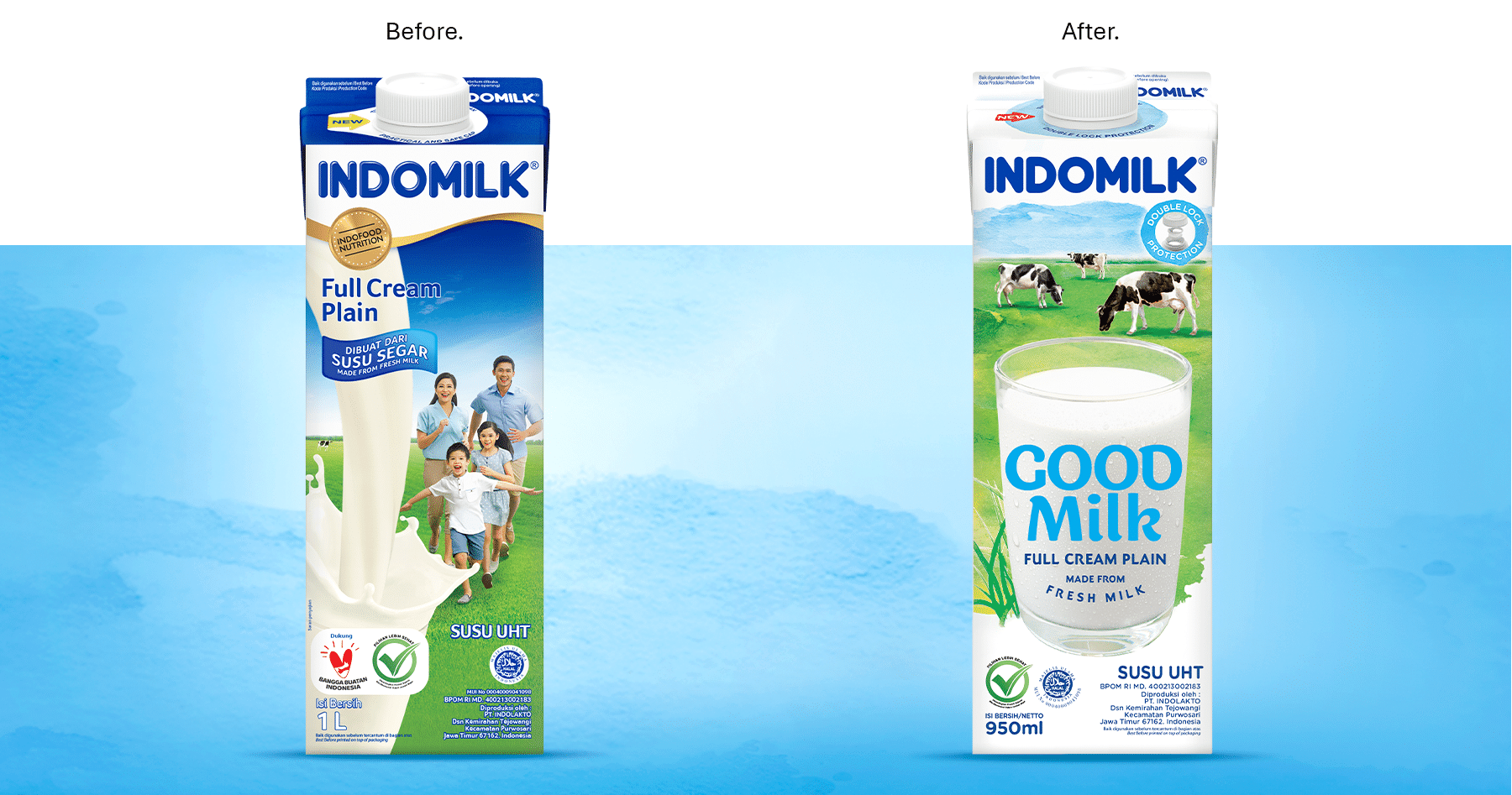 Before/after of the Indomilk Full Cream carton: new Good Milk version with grazing cows