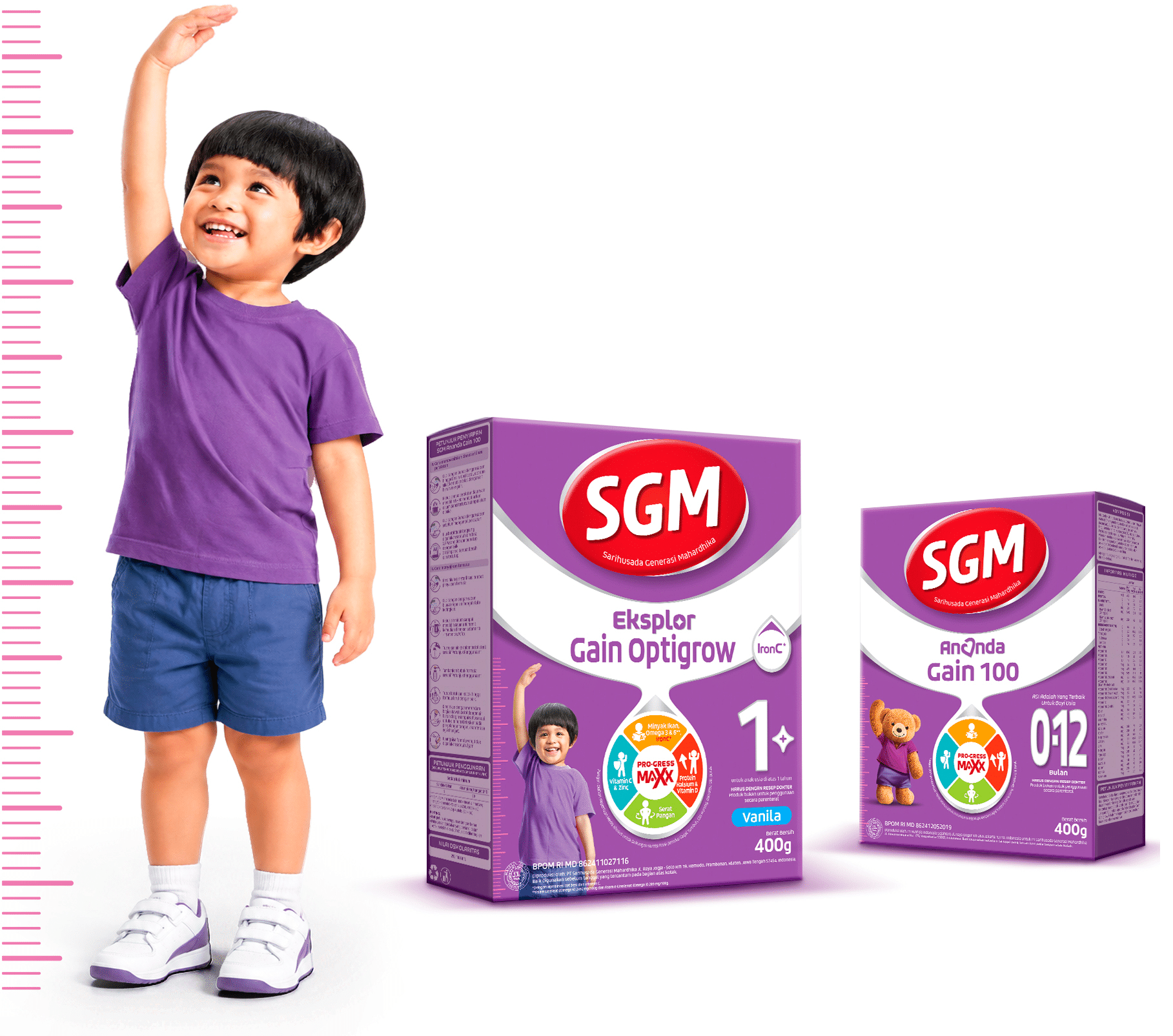 Child measuring against a height chart, SGM Eksplor Gain Optigrow and Ananda Gain 100 boxes