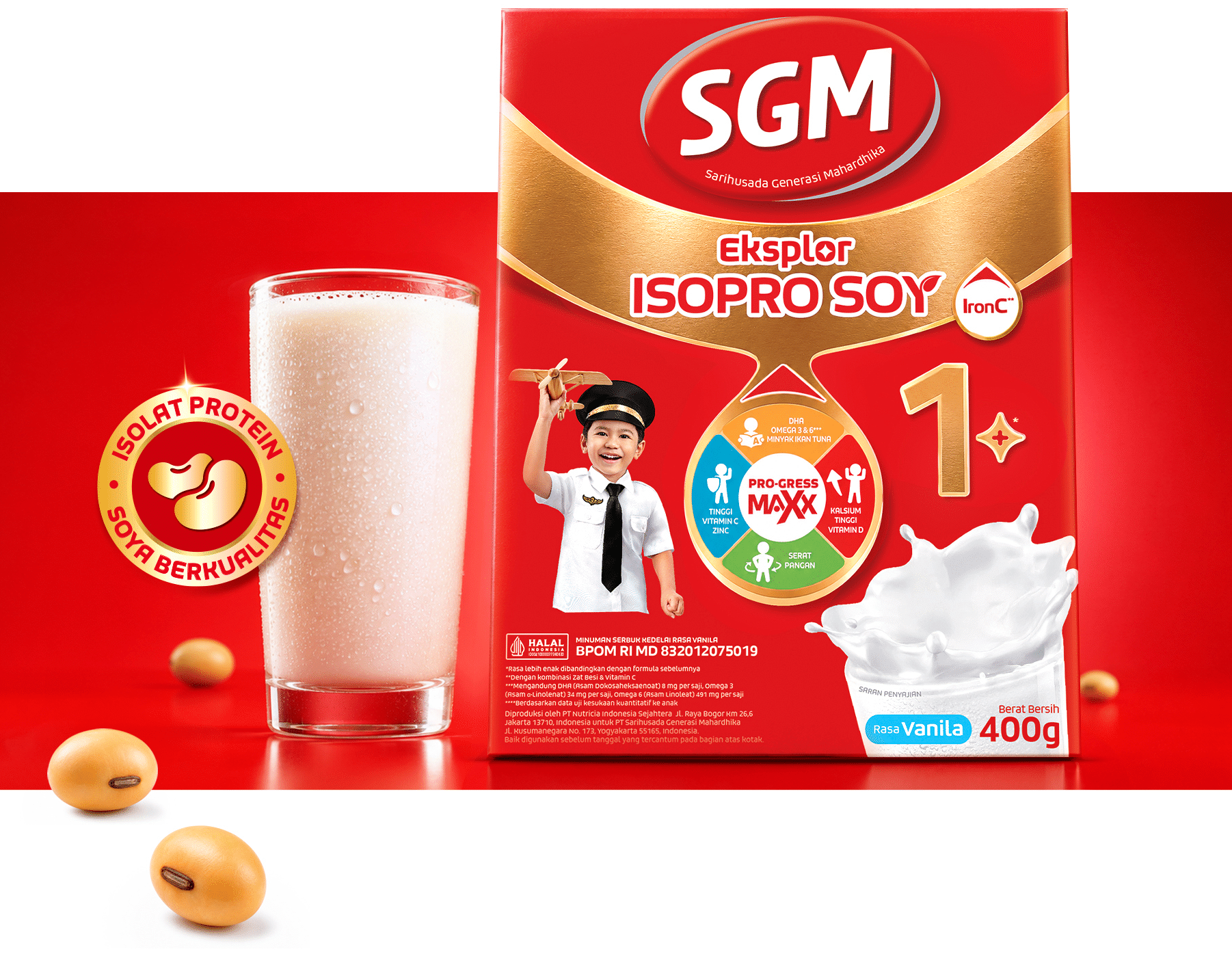 SGM Eksplor Isopro Soy 1+ box, glass of soy milk and soybeans