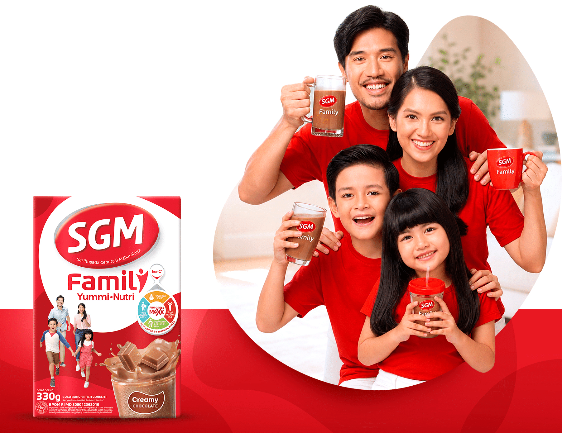 Indonesian family drinking chocolate milk and SGM Family Yummi-Nutri box
