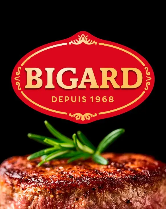 Bigard 'since 1968' logo above a grilled steak and a sprig of rosemary