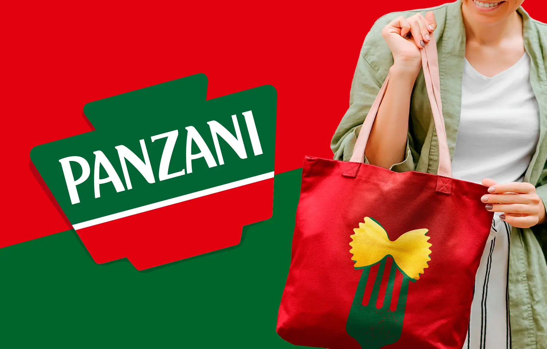 Panzani logo and woman carrying a red tote bag featuring a bow-tie pasta