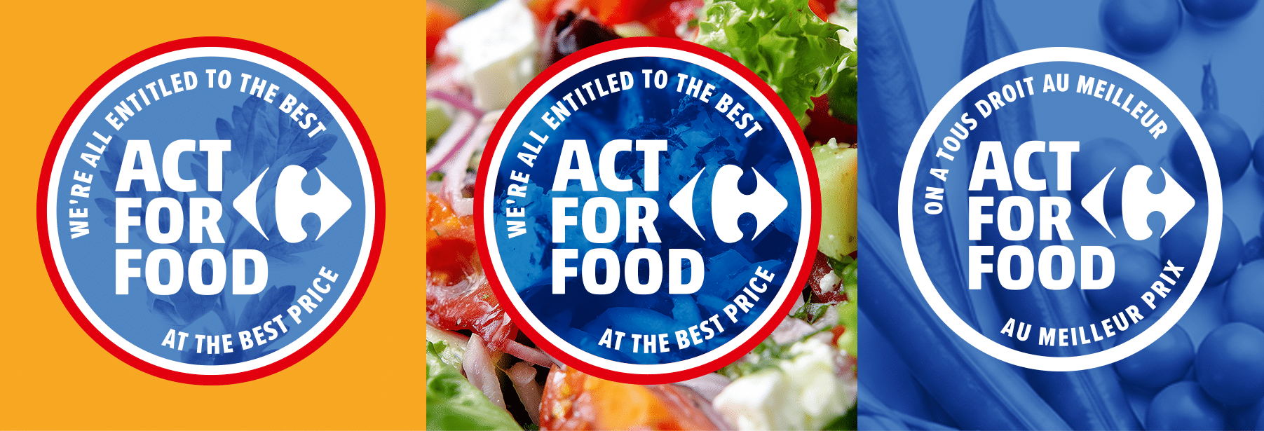 Three versions of the Act for Food badge in English and French