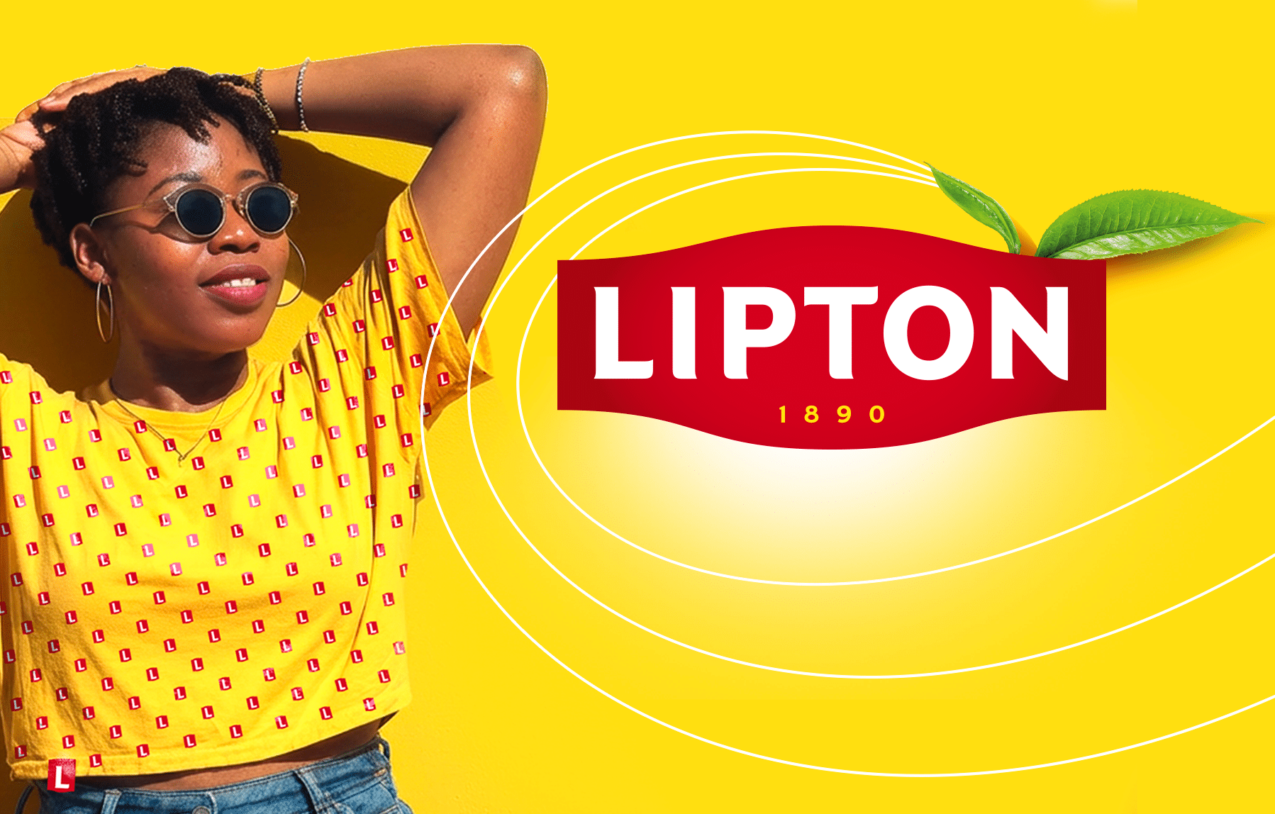 New Lipton 1890 logo and young woman in a yellow T-shirt on a yellow background with aroma waves