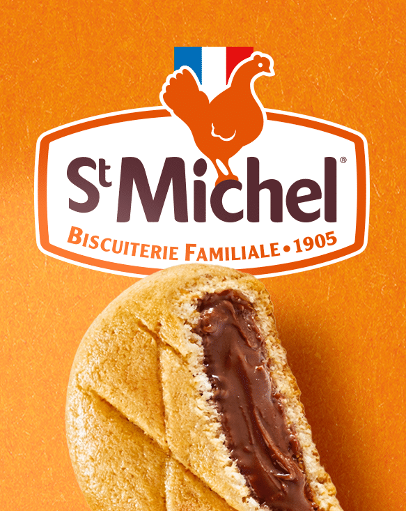 St Michel 'family biscuit maker since 1905' logo and a chocolate-filled biscuit, orange background