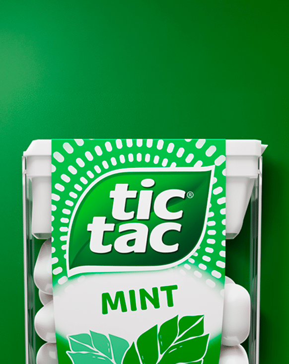 Tic Tac Mint box with the new green label and its rays of pills