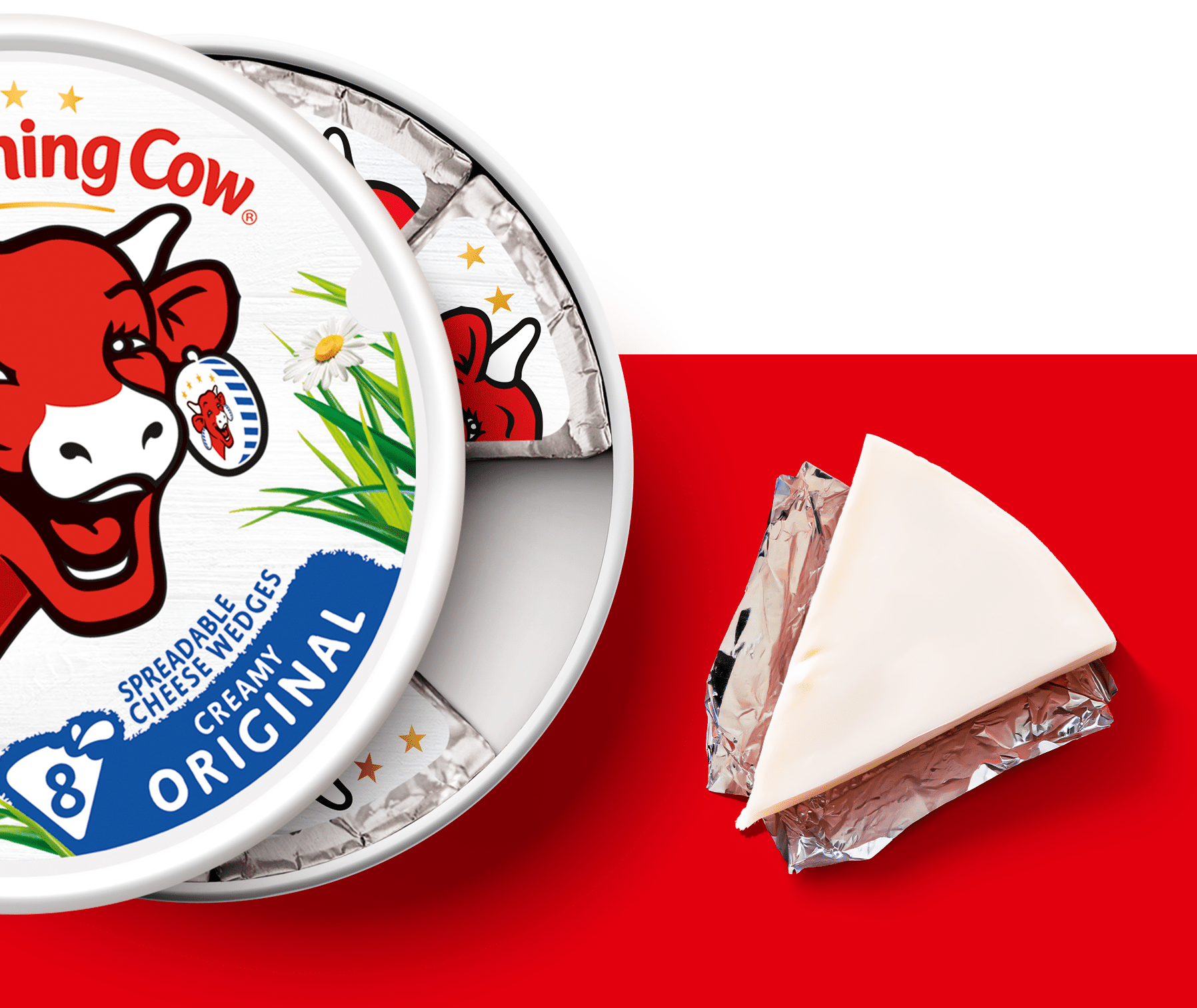Open The Laughing Cow box and an unwrapped triangular cheese portion