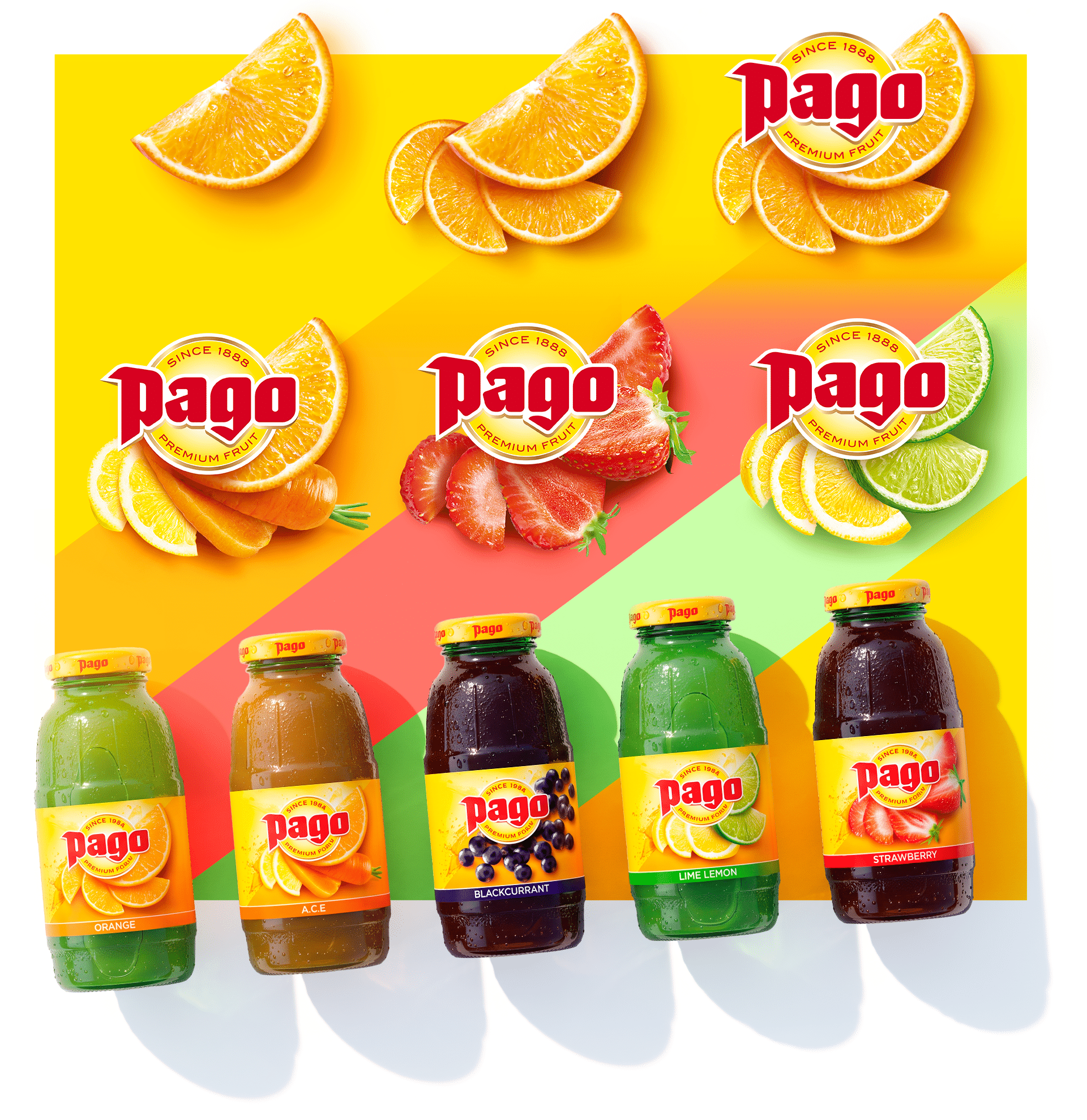 Pago label system by fruit and bottle range: Orange, ACE, Blackcurrant, Lime Lemon, Strawberry