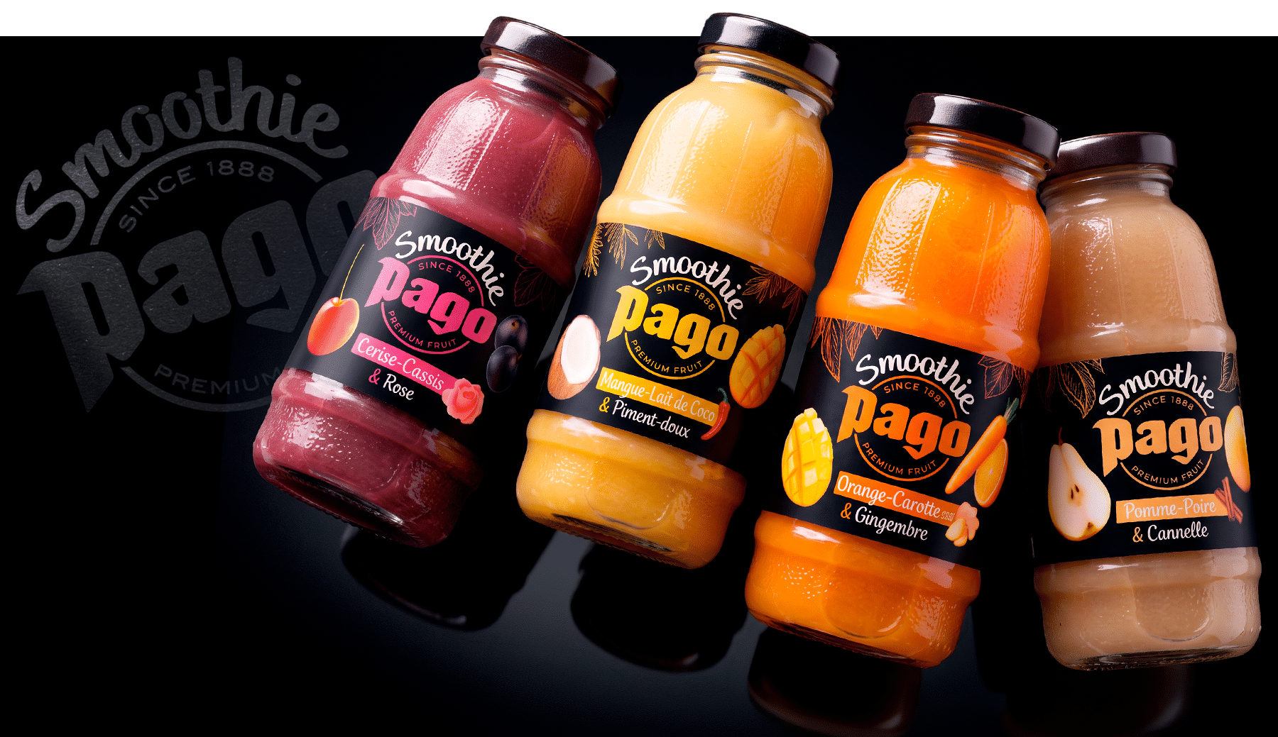 Pago Smoothie range: cherry-blackcurrant & rose, mango-coconut & sweet chilli, orange-carrot & ginger, apple-pear & cinnamon